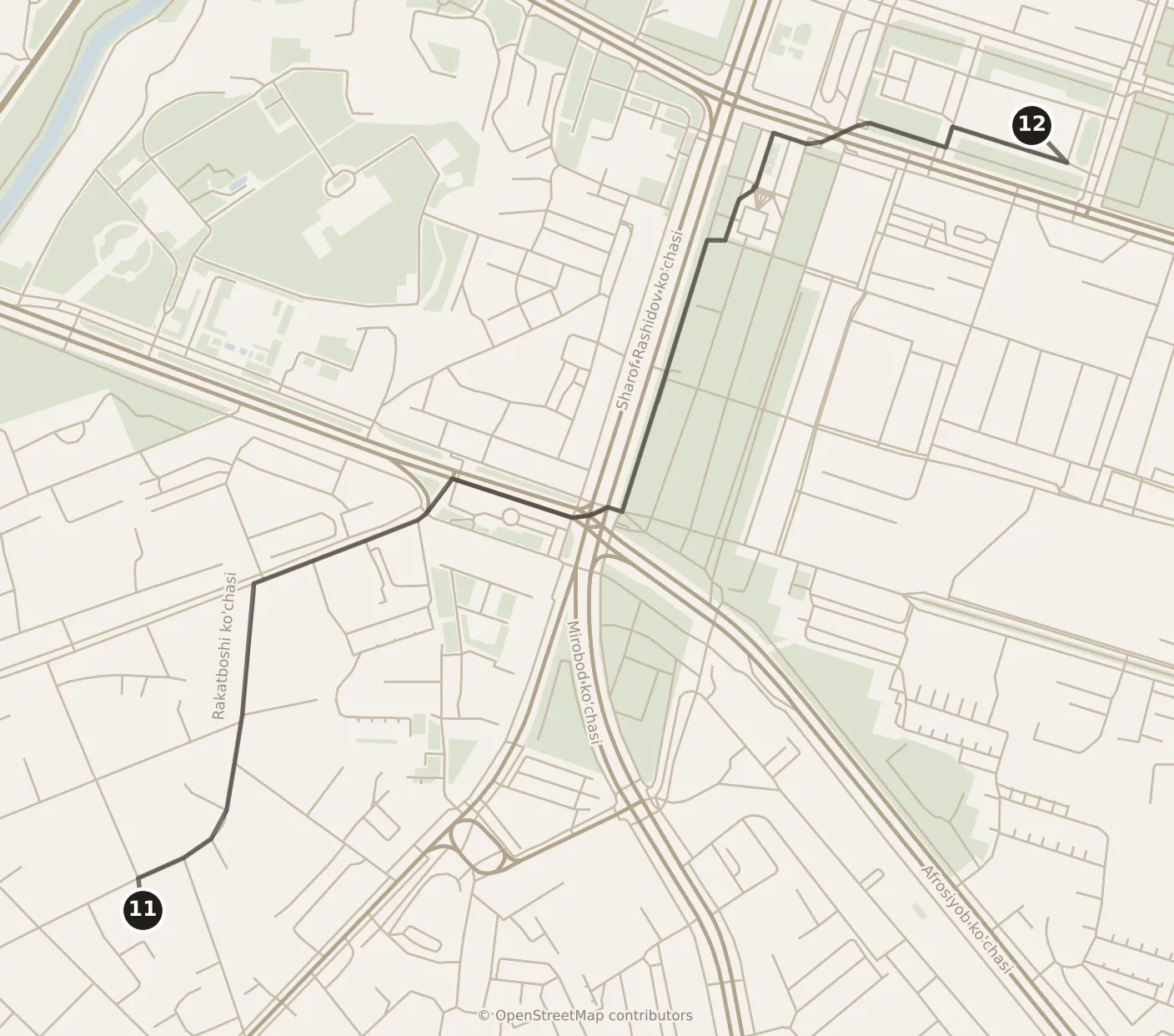Map of Tashkent, evening: stop 12, numbered in walking order.