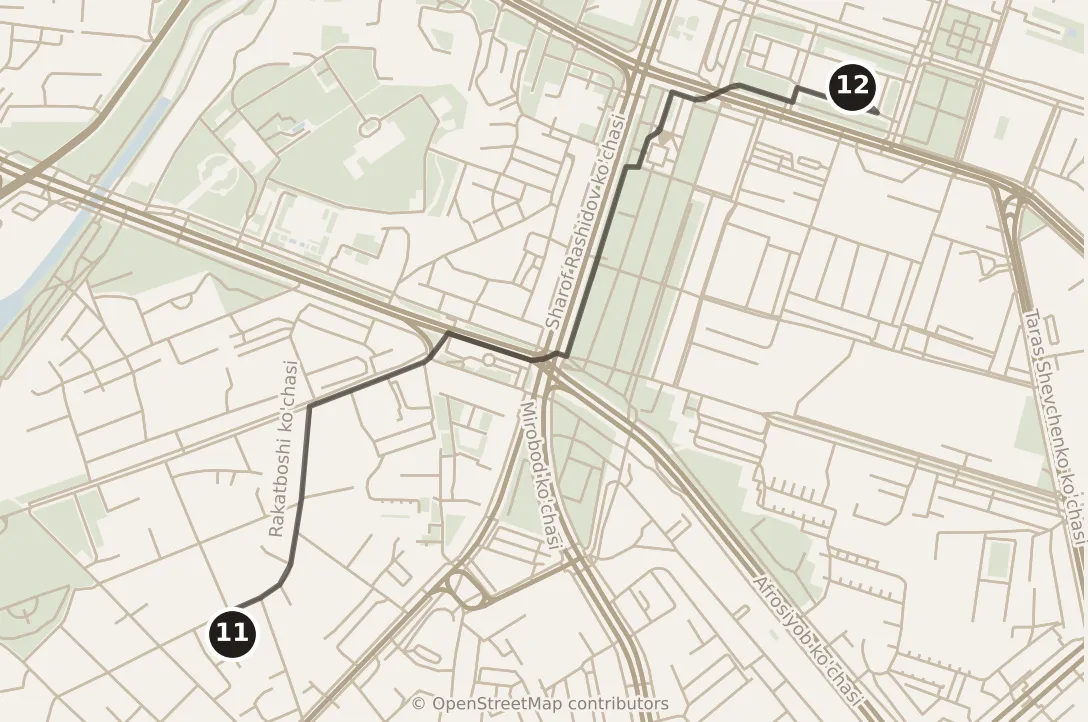 Map of Tashkent, evening: stop 12, numbered in walking order.