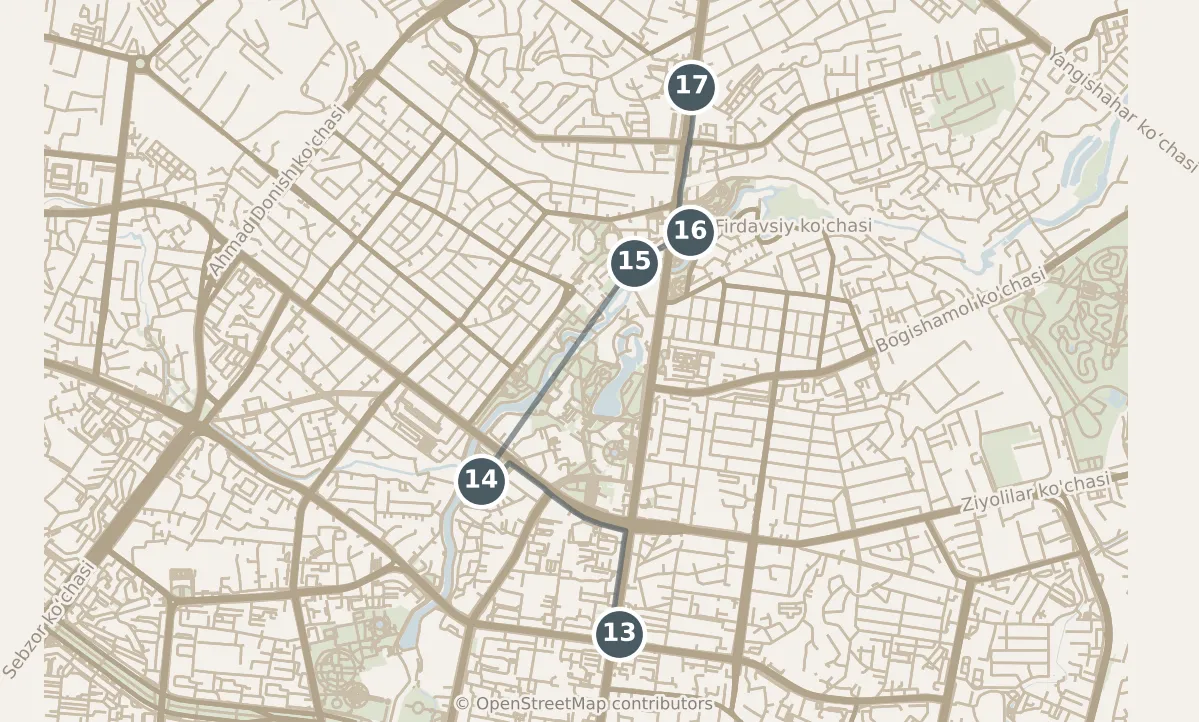 Map of Tashkent, with a third day: stops 13–17, numbered in walking order.