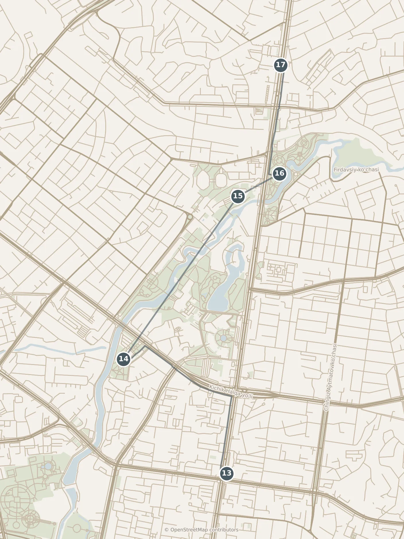 Map of Tashkent, with a third day: stops 13–17, numbered in walking order.
