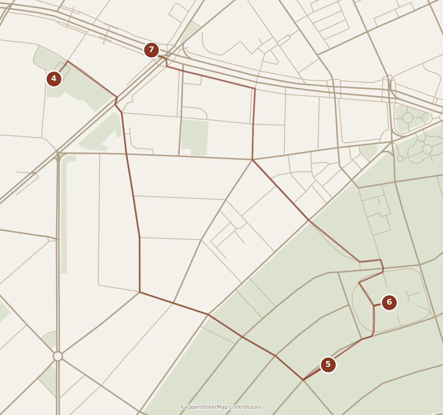 Map of Tianjin, afternoon: stops 4–7, numbered in walking order.