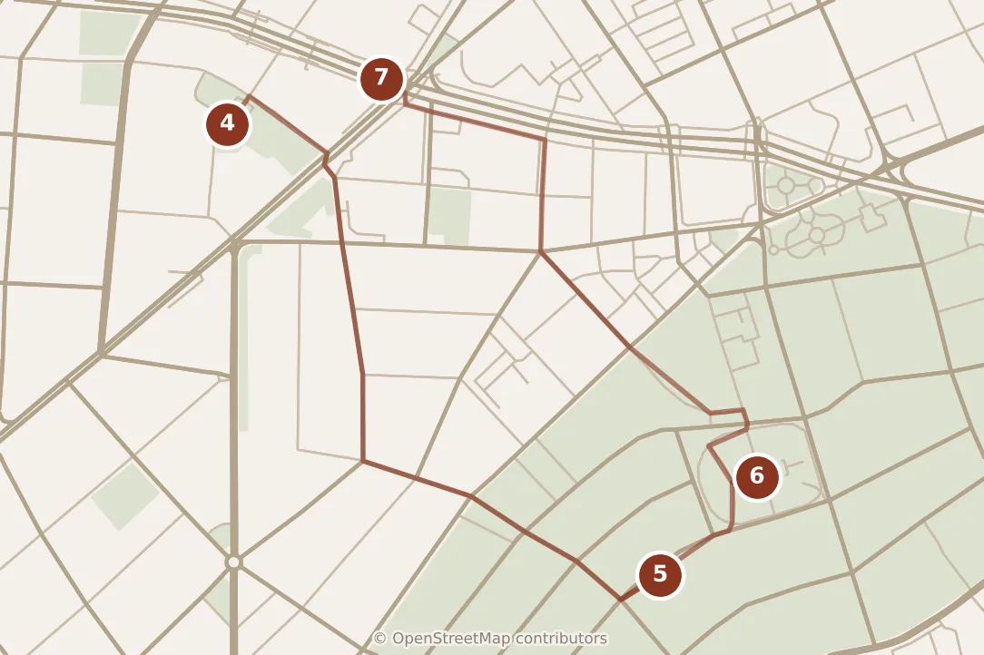 Map of Tianjin, afternoon: stops 4–7, numbered in walking order.