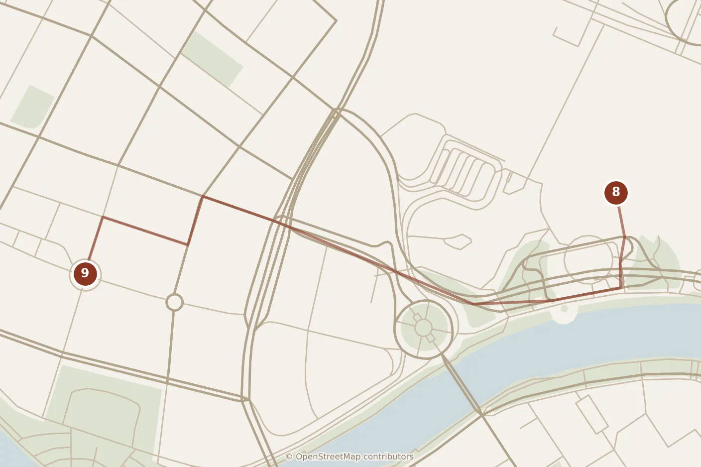 Map of Tianjin, evening: stops 8–9, numbered in walking order.