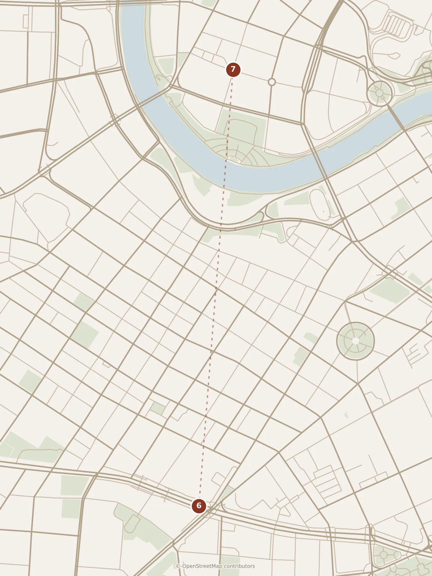 Map of Tianjin, evening: stops 6–7, numbered in walking order.