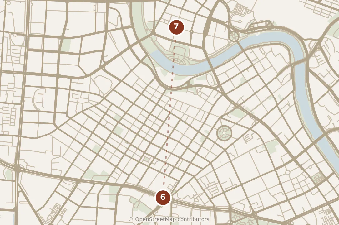 Map of Tianjin, evening: stops 6–7, numbered in walking order.