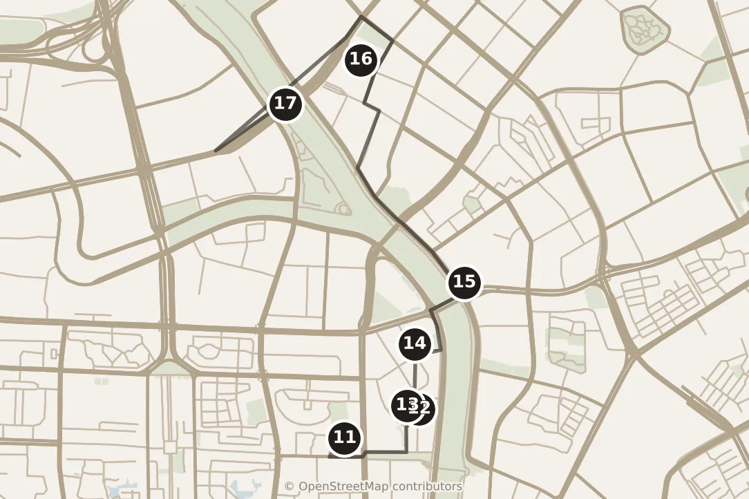Map of Tianjin, afternoon and evening: stops 11–17, numbered in walking order.