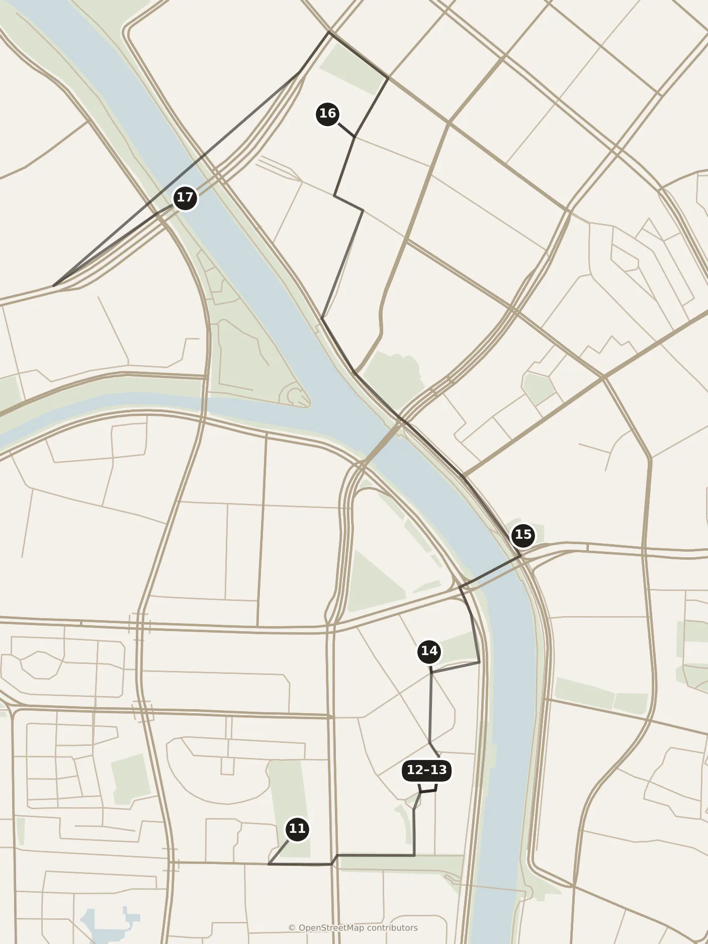 Map of Tianjin, afternoon and evening: stops 11–17, numbered in walking order.