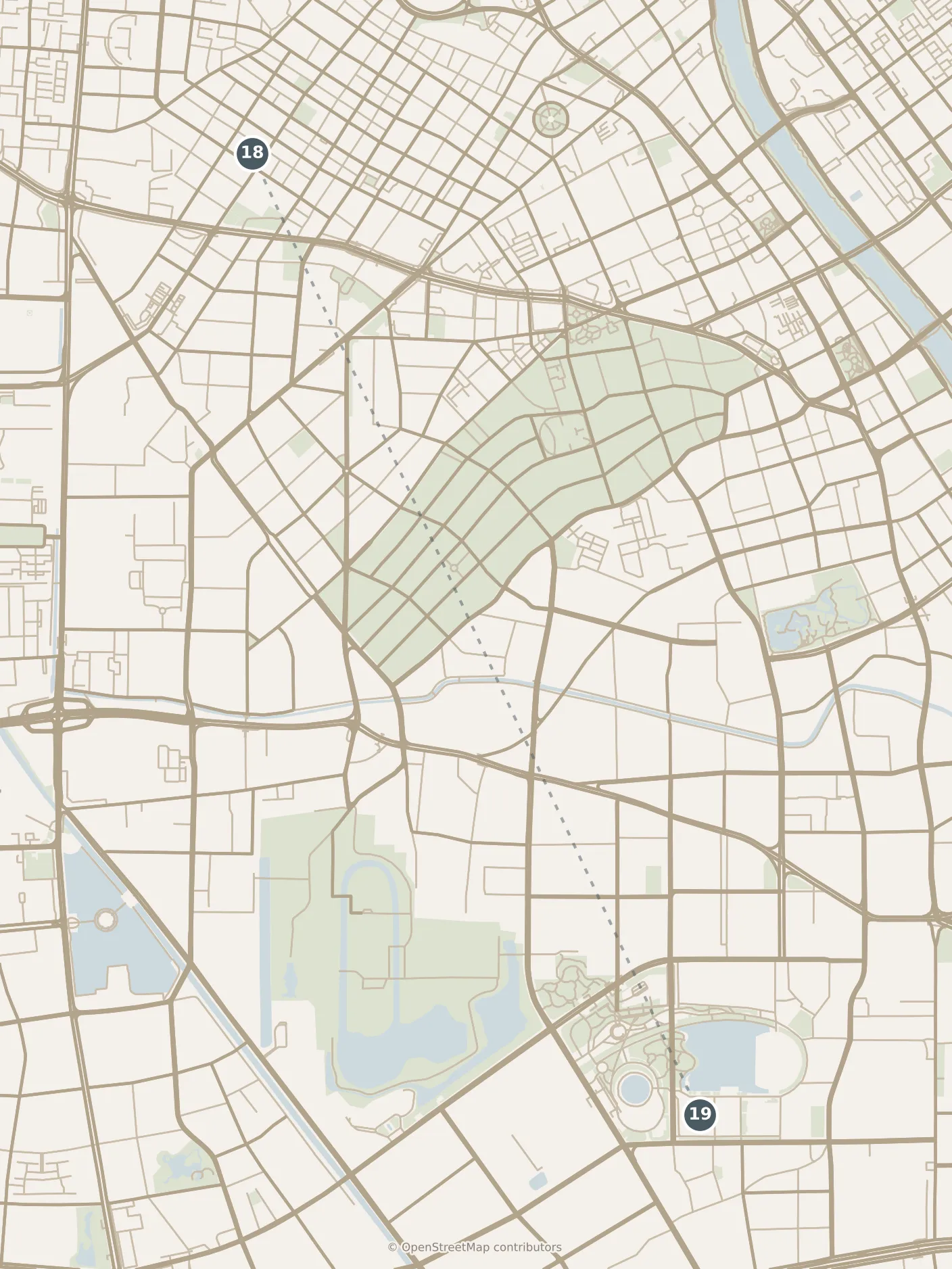 Map of Tianjin, with a third day: stops 18–19, numbered in walking order.