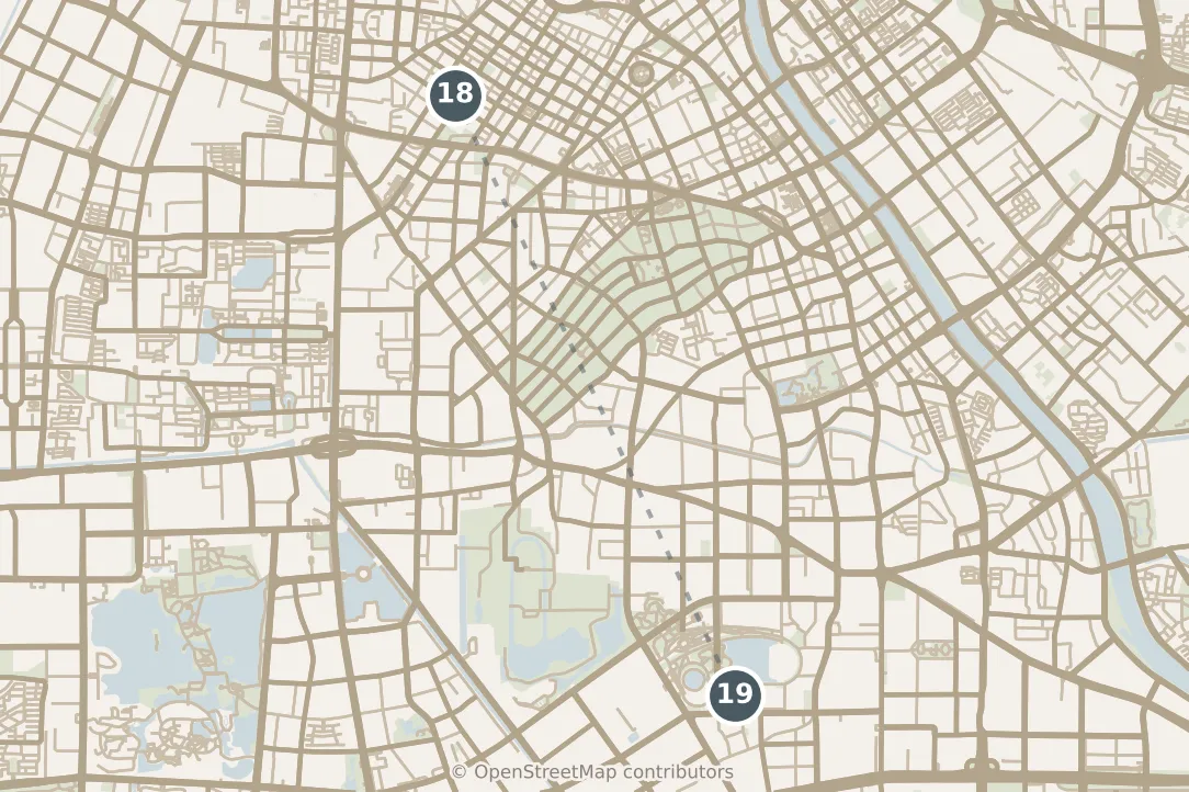 Map of Tianjin, with a third day: stops 18–19, numbered in walking order.