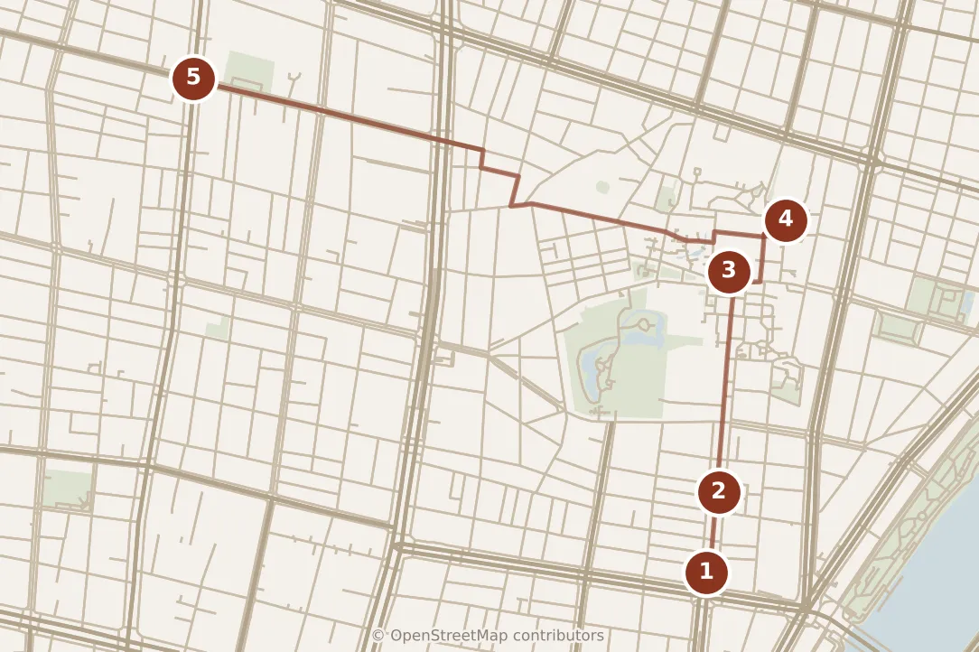 Map of Tokyo, morning: stops 1–5, numbered in walking order.