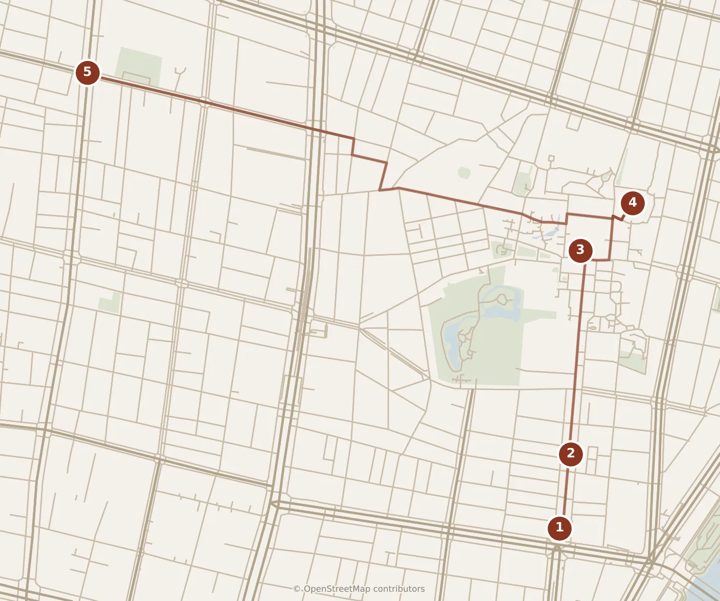 Map of Tokyo, morning: stops 1–5, numbered in walking order.