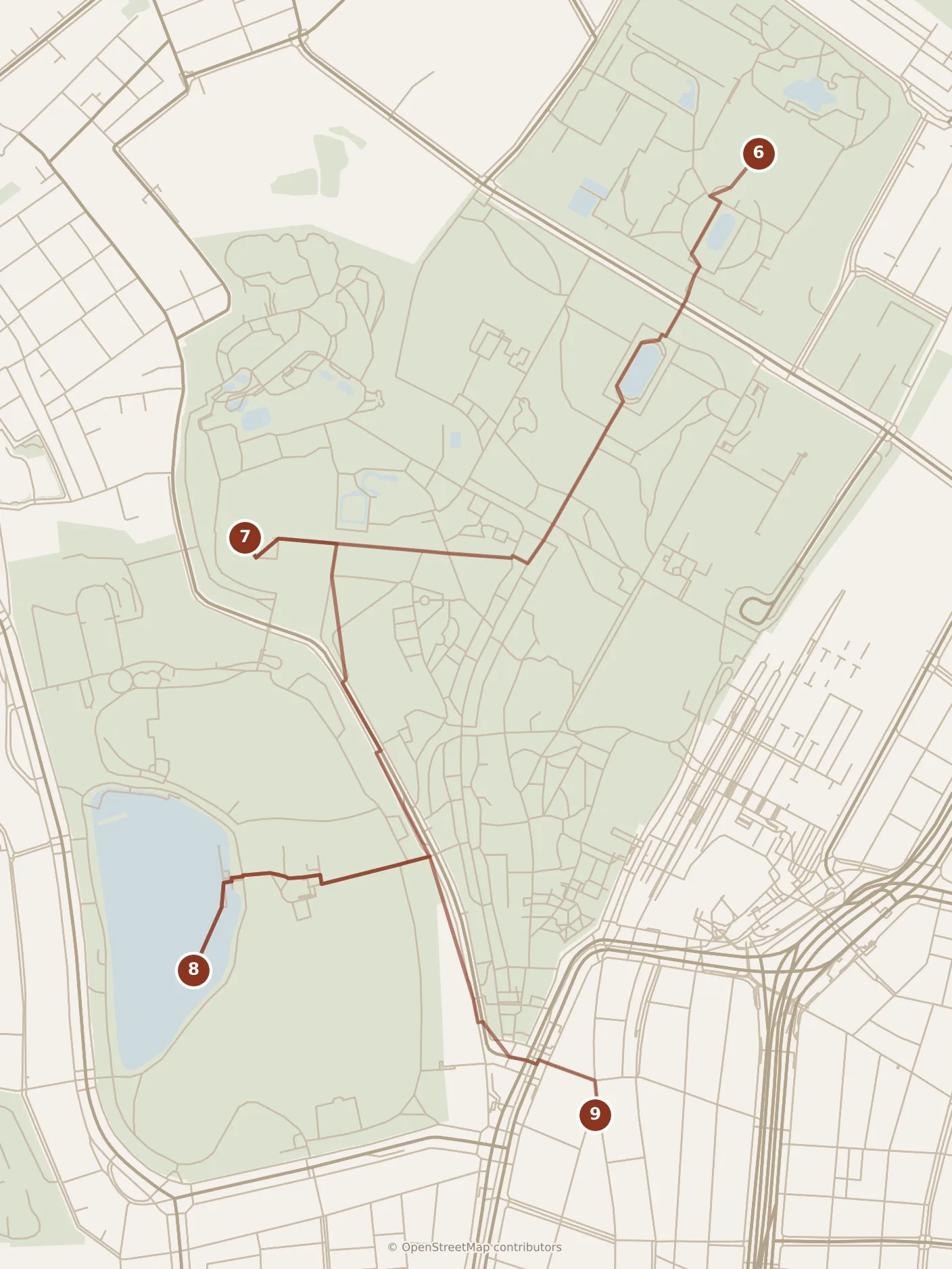 Map of Tokyo, afternoon and evening: stops 6–9, numbered in walking order.