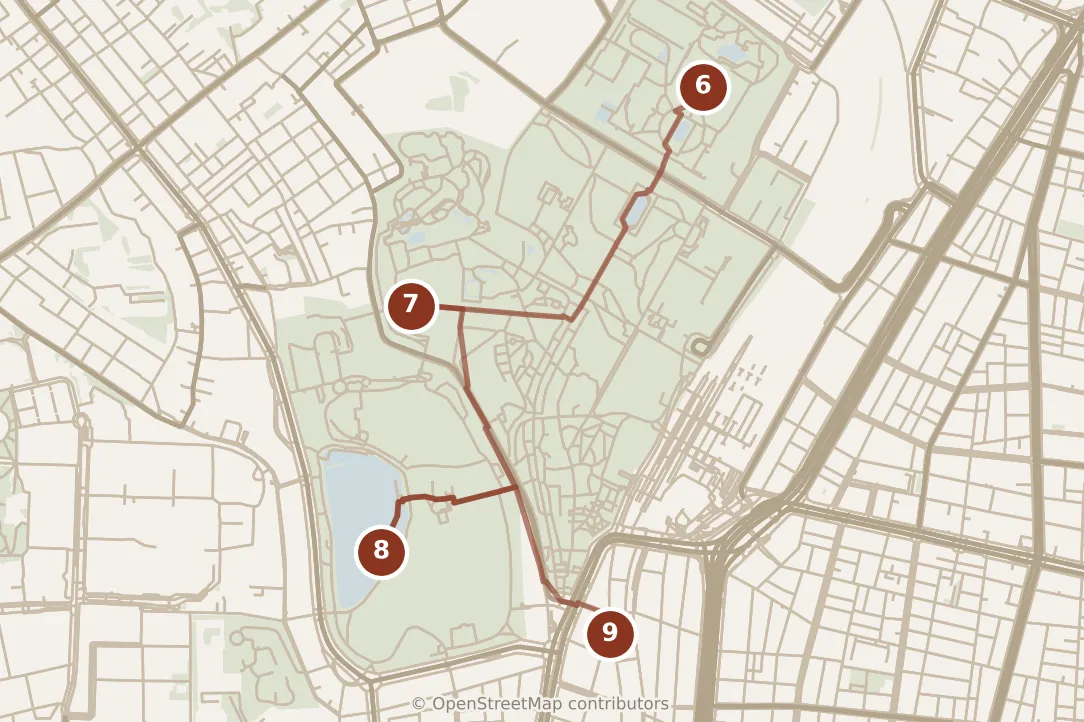 Map of Tokyo, afternoon and evening: stops 6–9, numbered in walking order.