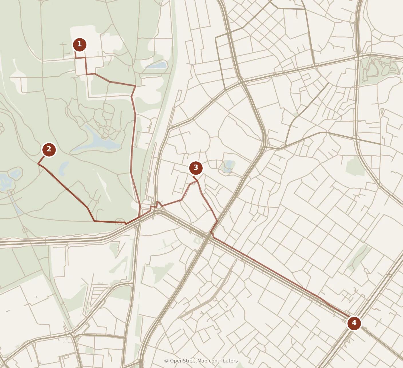 Map of Tokyo, morning and afternoon: stops 1–4, numbered in walking order.