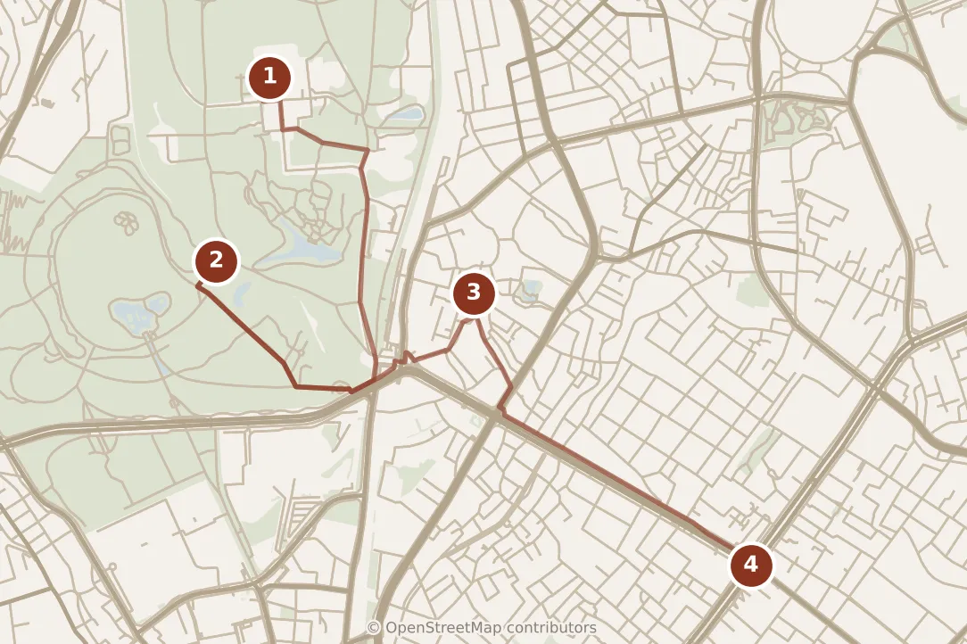 Map of Tokyo, morning and afternoon: stops 1–4, numbered in walking order.