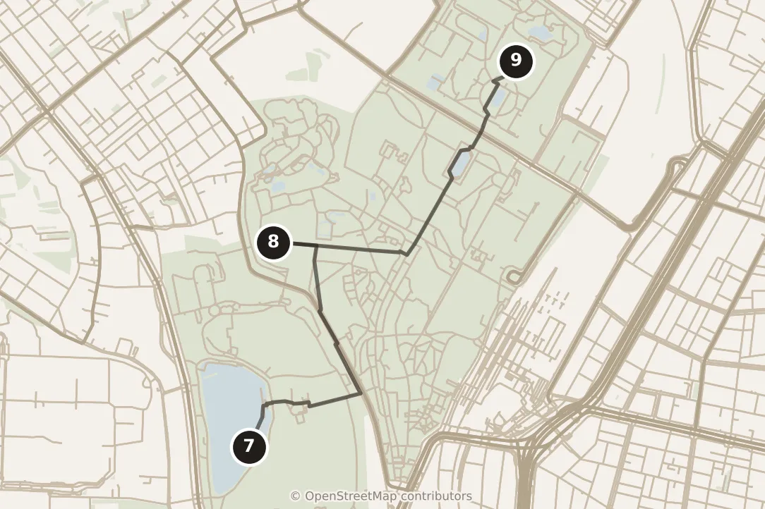 Map of Tokyo, morning: stops 7–9, numbered in walking order.
