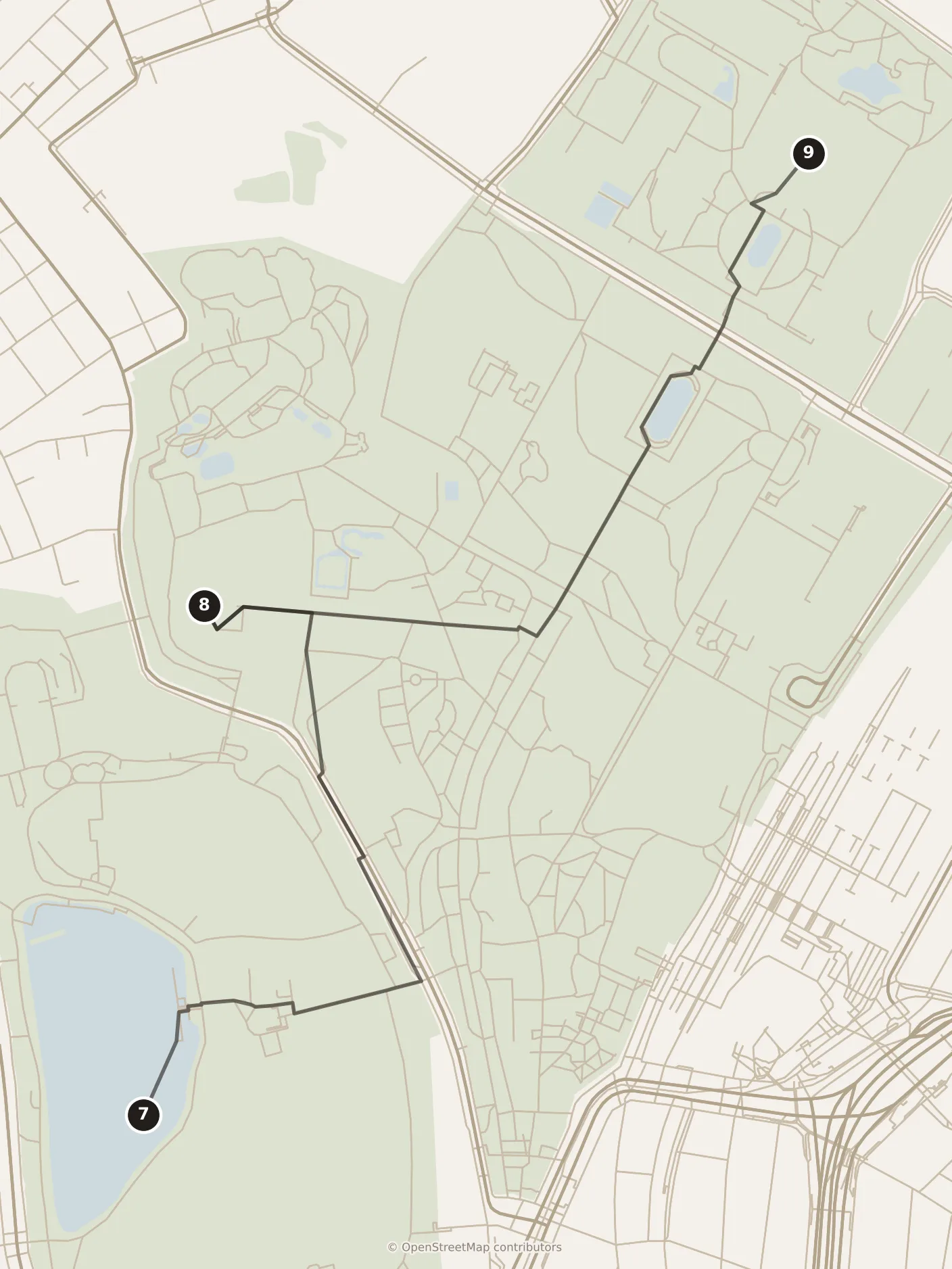 Map of Tokyo, morning: stops 7–9, numbered in walking order.