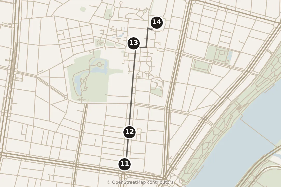 Map of Tokyo, afternoon: stops 11–14, numbered in walking order.