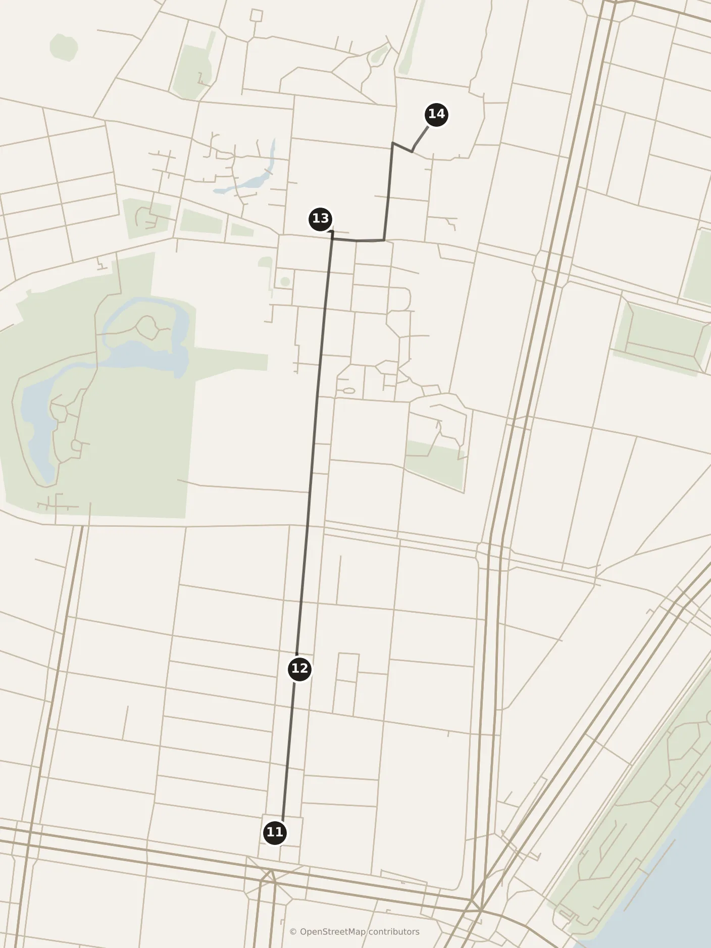Map of Tokyo, afternoon: stops 11–14, numbered in walking order.