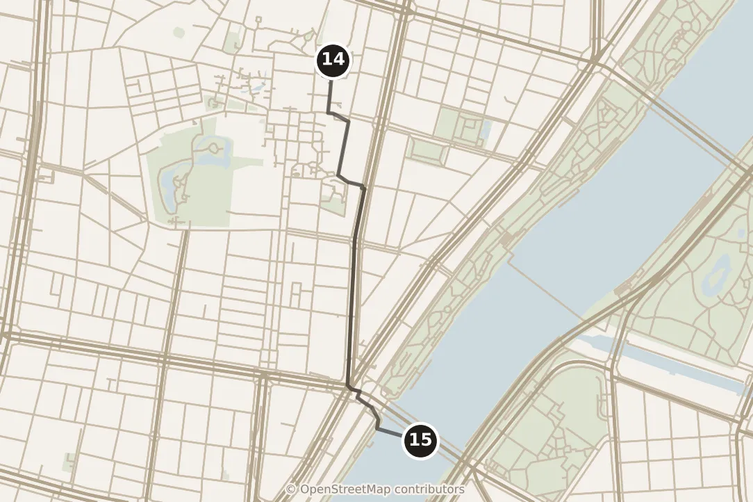 Map of Tokyo, evening: stop 15, numbered in walking order.