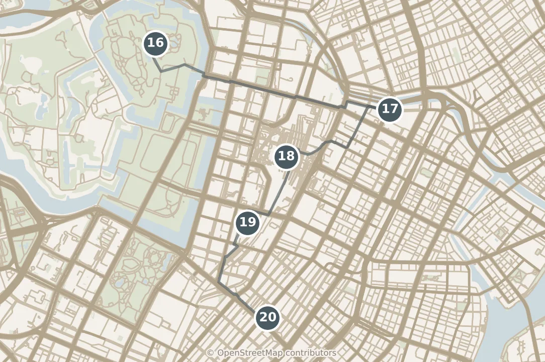 Map of Tokyo, with a third day: stops 16–20, numbered in walking order.
