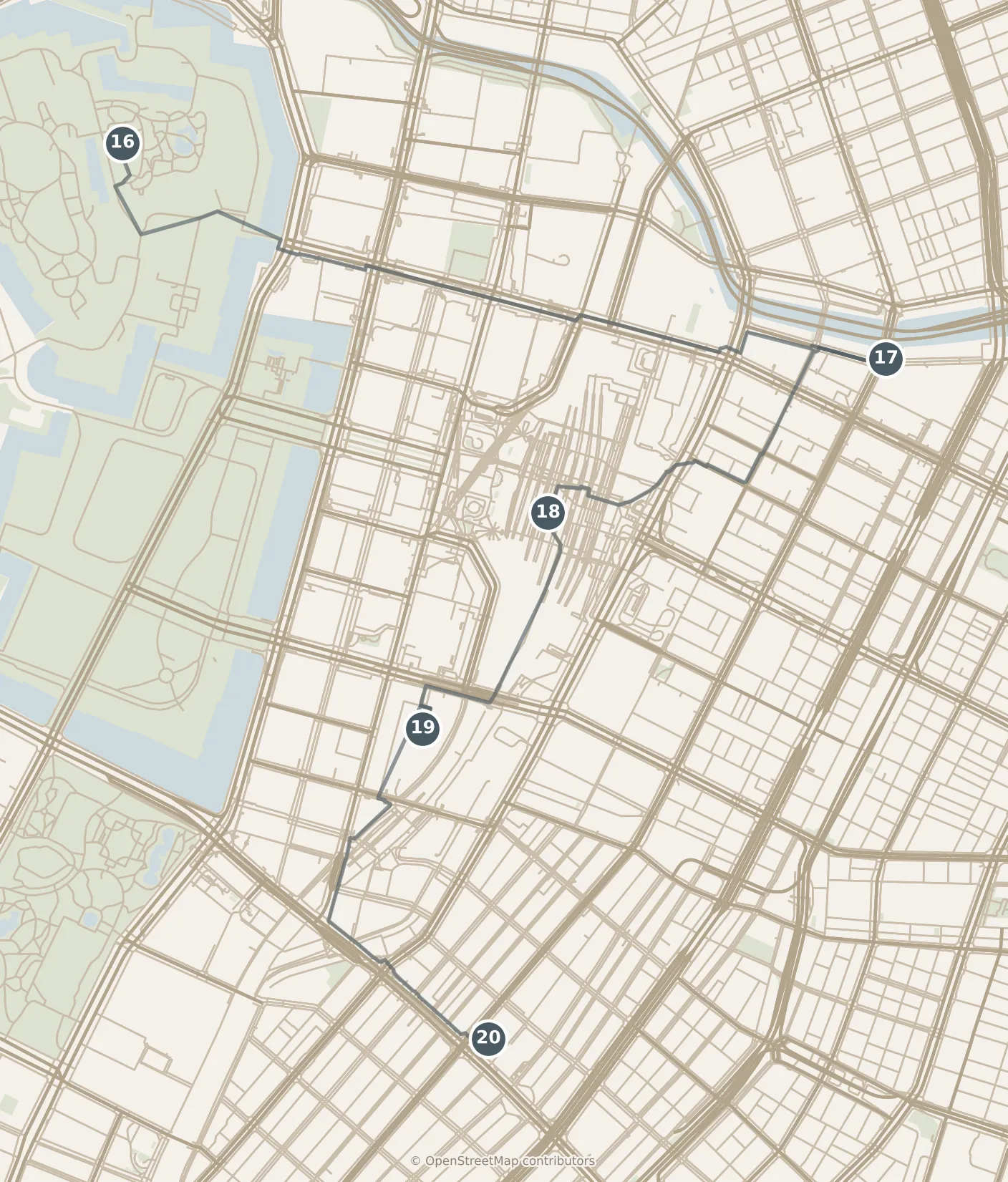 Map of Tokyo, with a third day: stops 16–20, numbered in walking order.