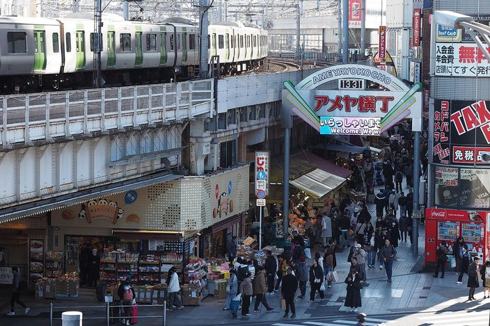 Ameya-Yokochō market under the elevated railway, stalls and signs packed along both sides of the street with a train passing overhead