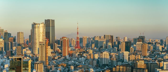 Tokyo at golden hour: a dense low-rise city stretching to the horizon with clusters of towers rising out of it, Tokyo Tower orange against the skyline