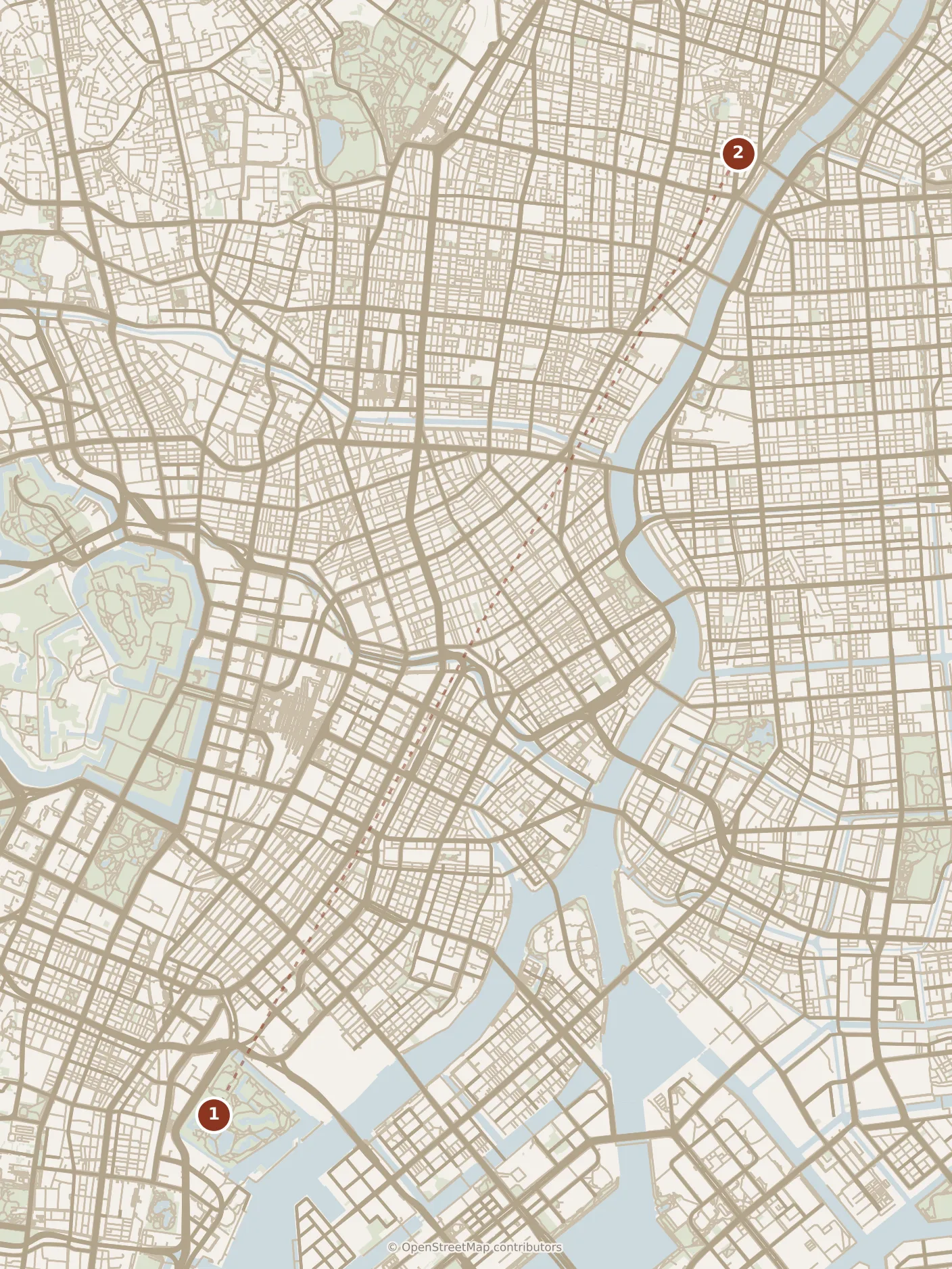 Map of Tokyo, day one · stop 1: stop 1, numbered in walking order.