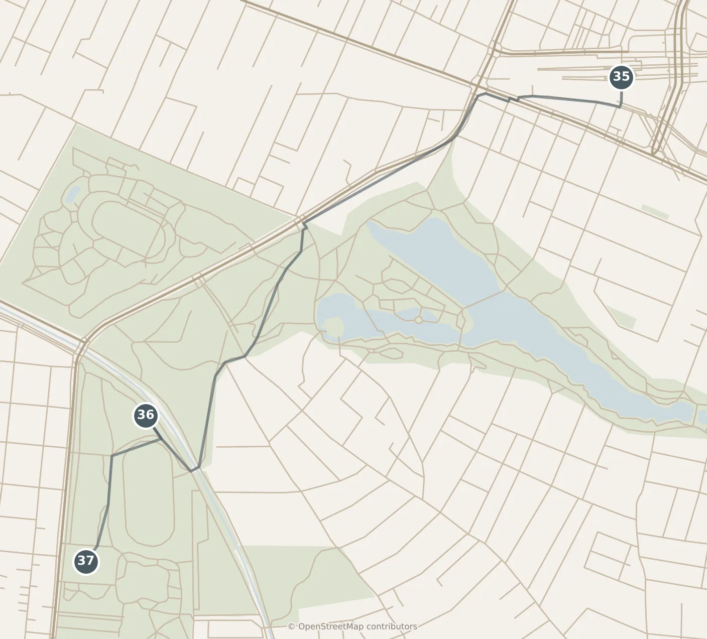 Map of Tokyo, day seven · stops 35–37: stops 35–37, numbered in walking order.