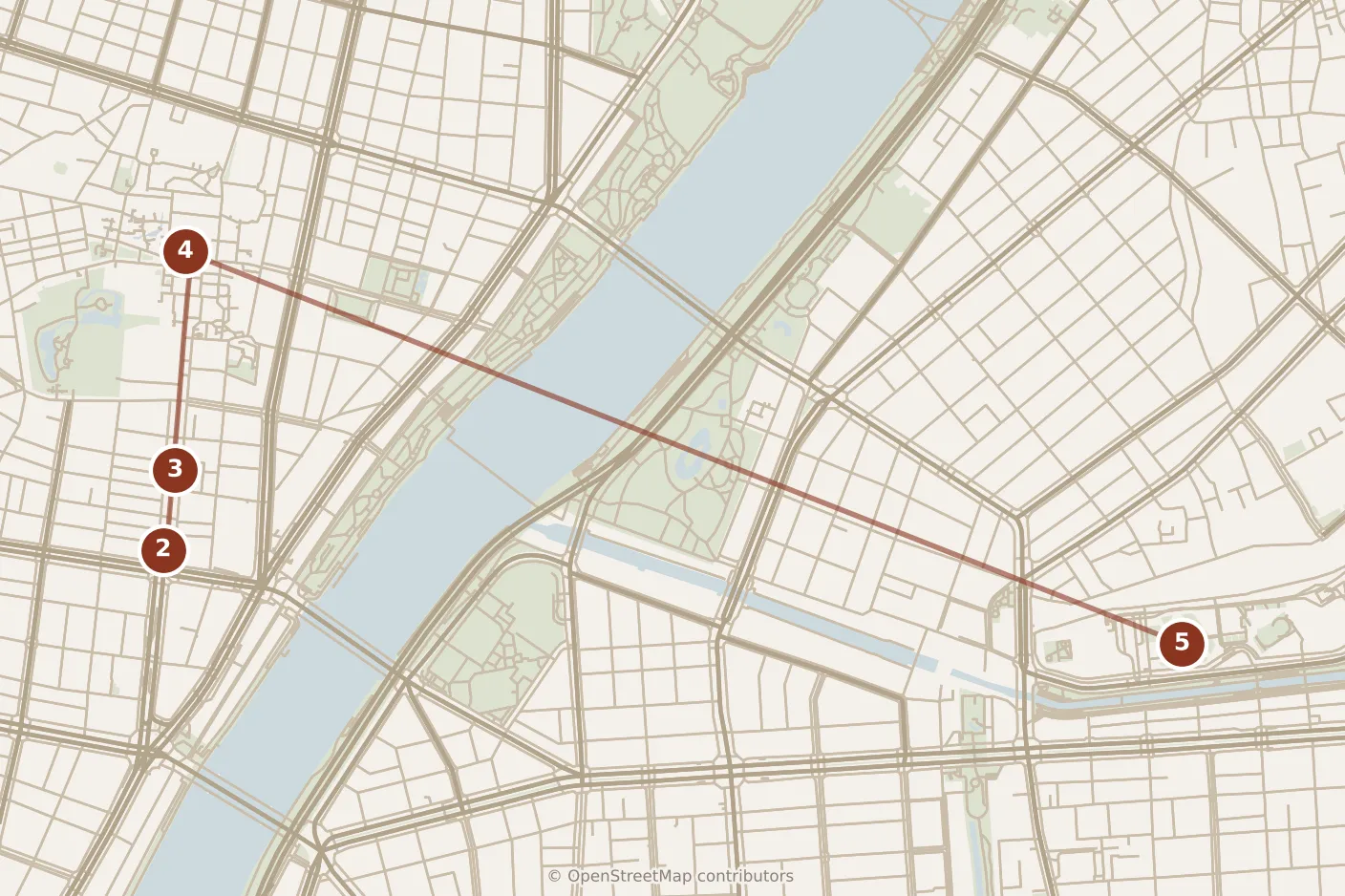 Map of Tokyo, day one · stops 2–5: stops 2–5, numbered in walking order.