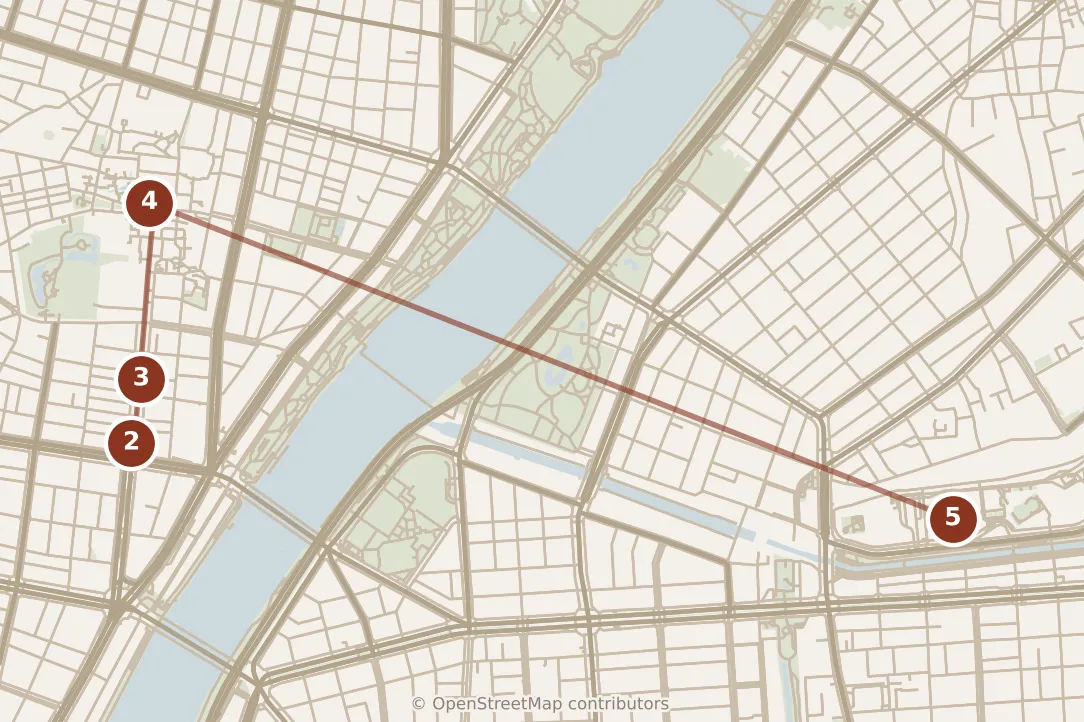 Map of Tokyo, day one · stops 2–5: stops 2–5, numbered in walking order.