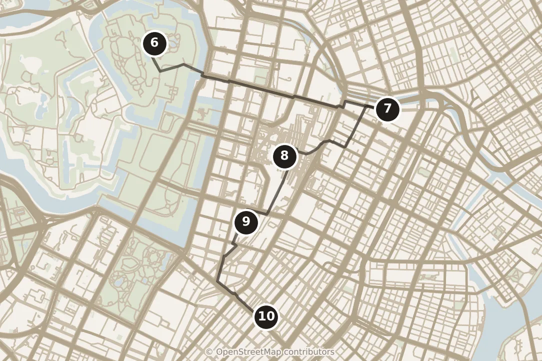 Map of Tokyo, day two: stops 6–10, numbered in walking order.
