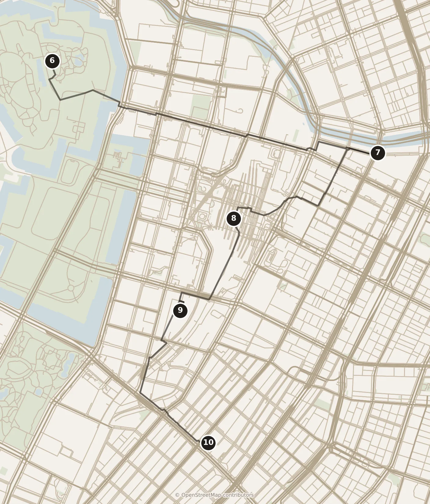 Map of Tokyo, day two: stops 6–10, numbered in walking order.