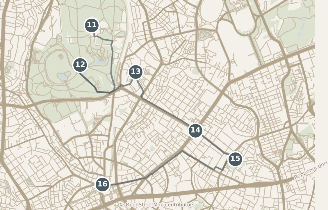 Map of Tokyo, day three: stops 11–16, numbered in walking order.