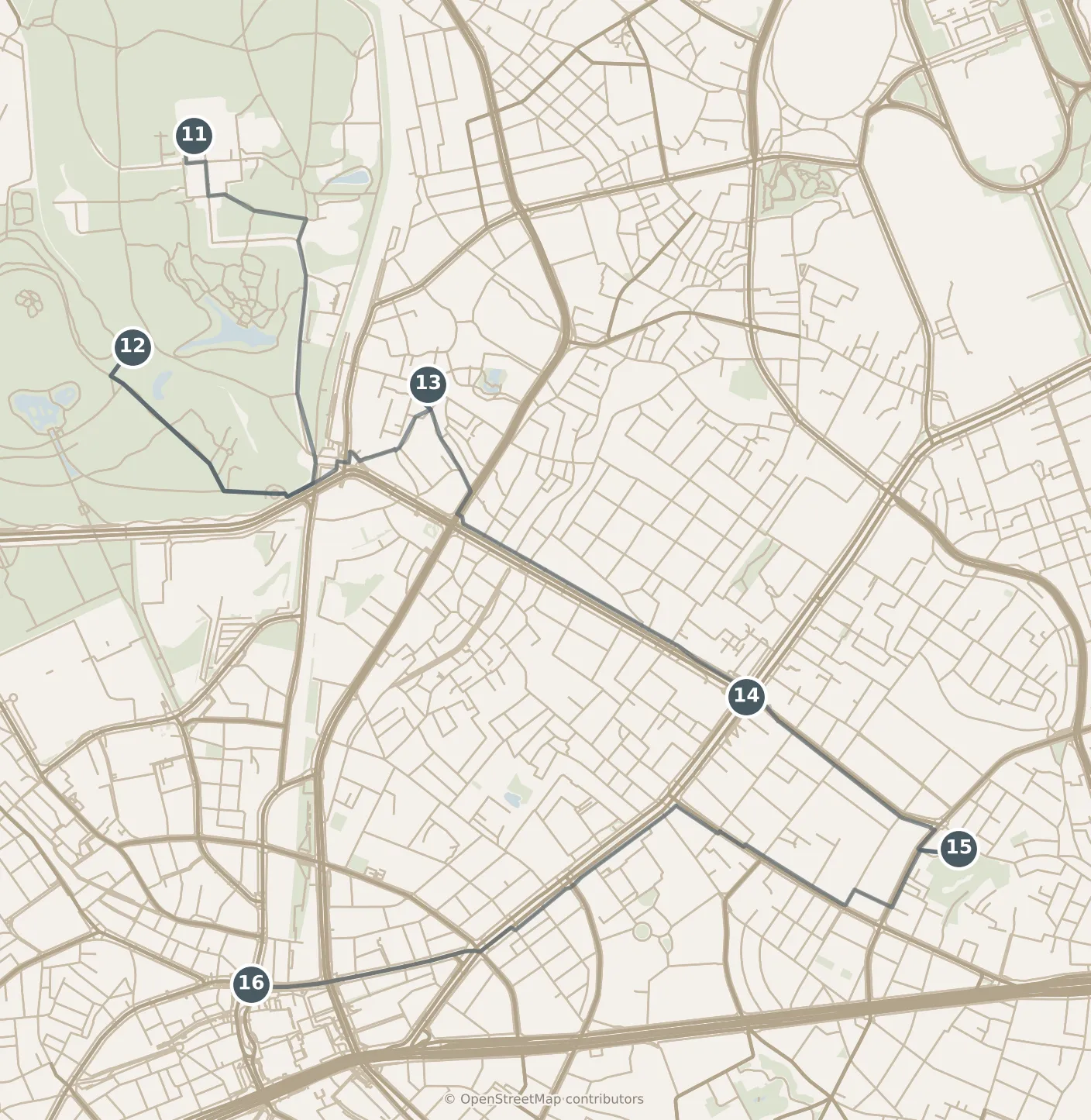 Map of Tokyo, day three: stops 11–16, numbered in walking order.