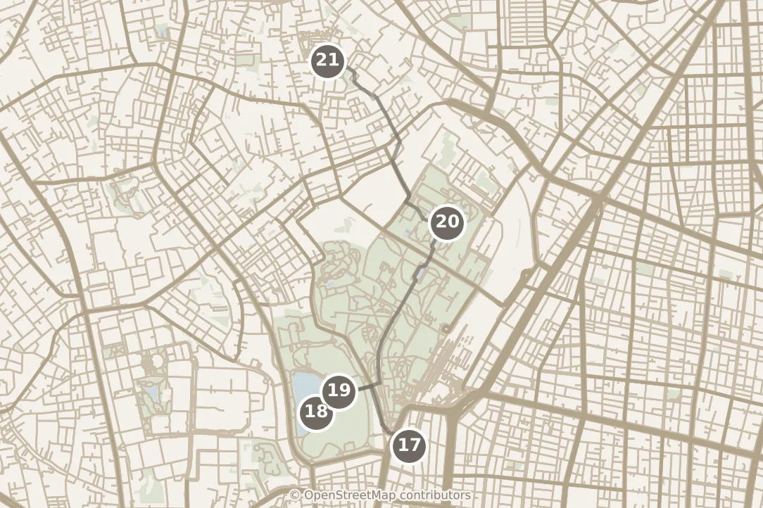 Map of Tokyo, day four: stops 17–21, numbered in walking order.