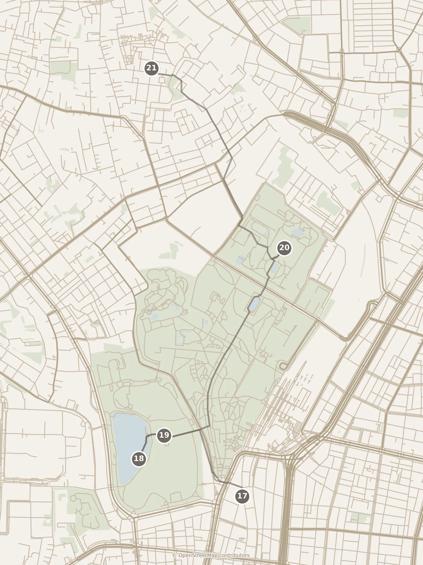 Map of Tokyo, day four: stops 17–21, numbered in walking order.