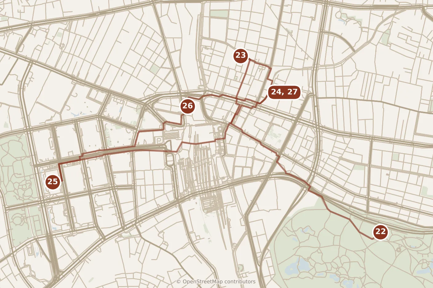 Map of Tokyo, day five: stops 22–27, numbered in walking order.