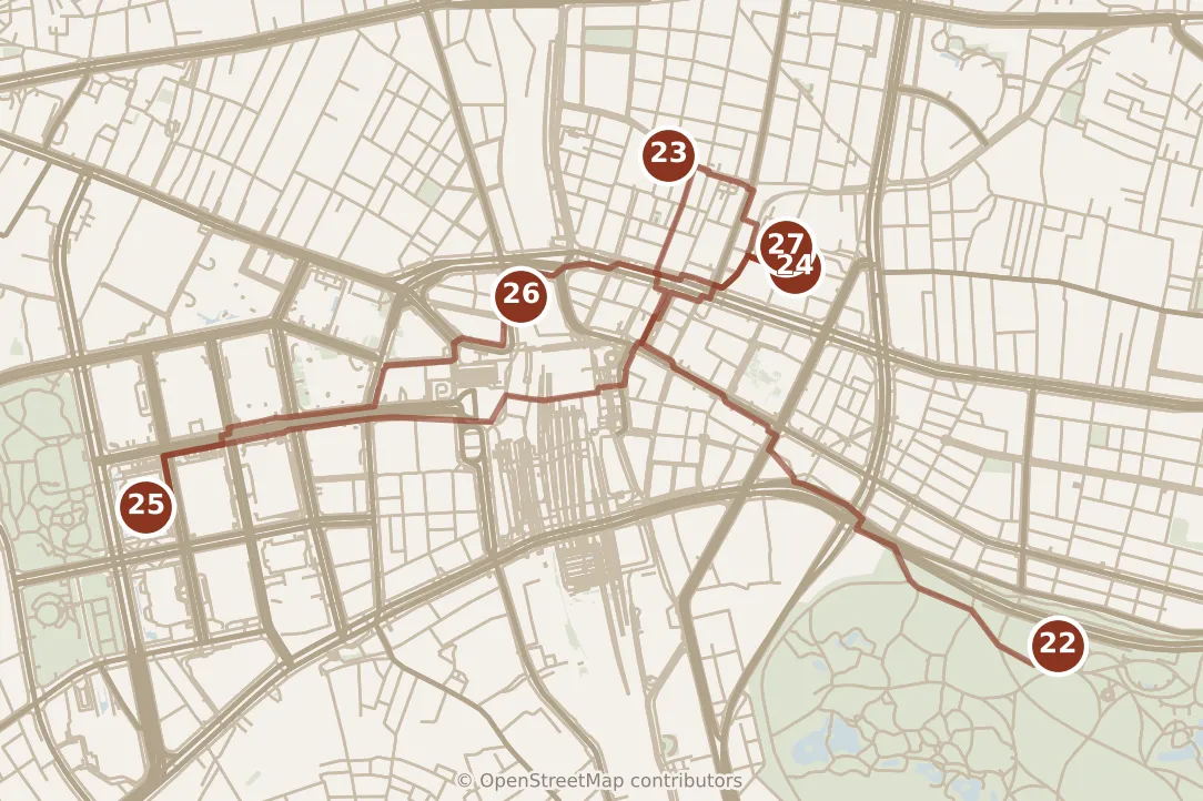 Map of Tokyo, day five: stops 22–27, numbered in walking order.
