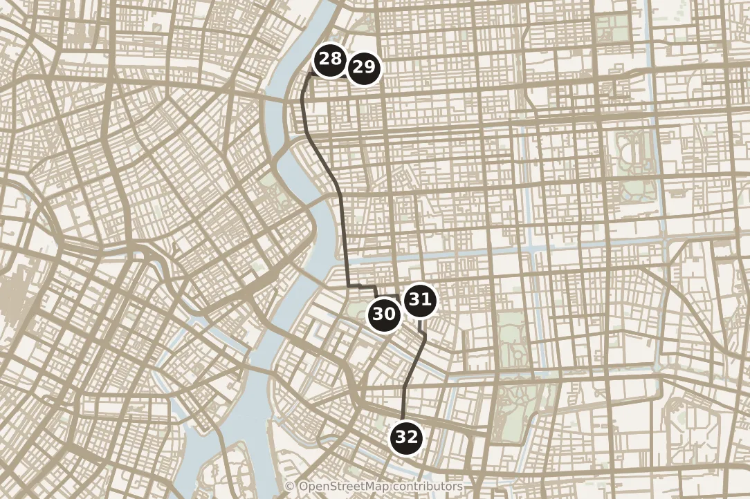 Map of Tokyo, day six · stops 28–32: stops 28–32, numbered in walking order.