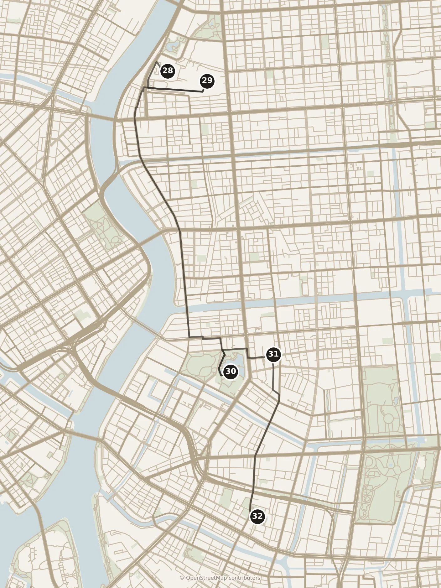 Map of Tokyo, day six · stops 28–32: stops 28–32, numbered in walking order.