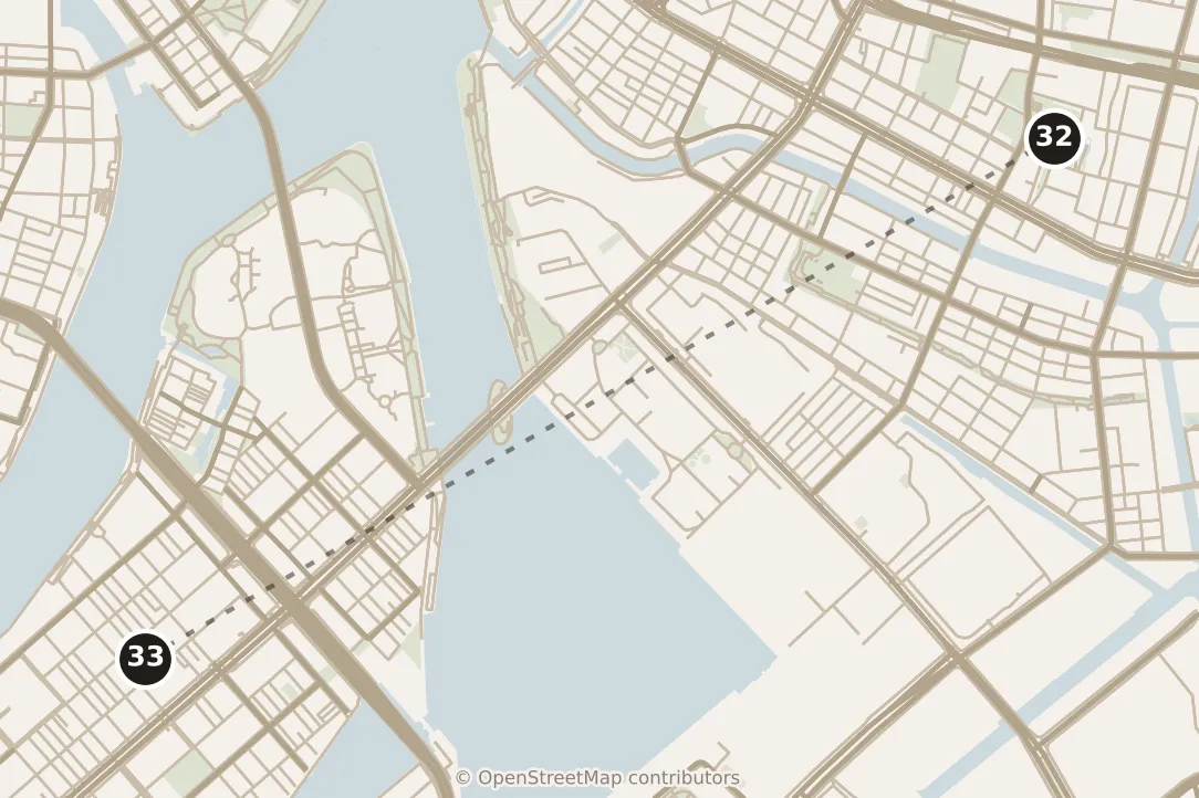 Map of Tokyo, day six · stop 33: stop 33, numbered in walking order.