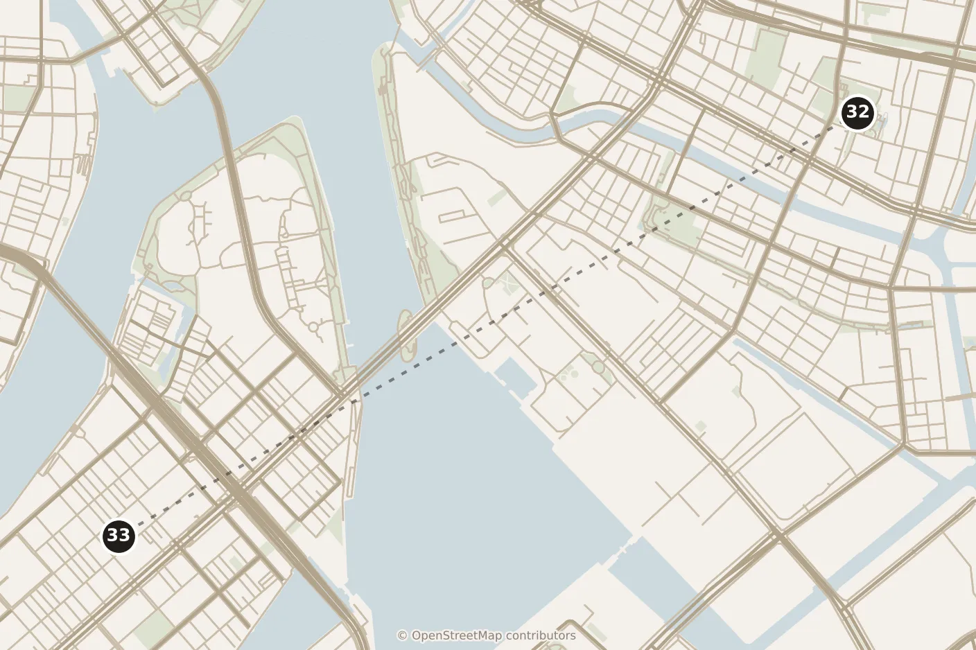 Map of Tokyo, day six · stop 33: stop 33, numbered in walking order.