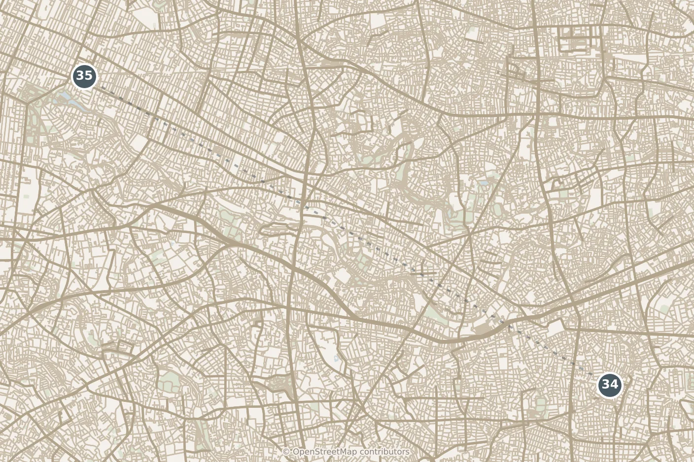 Map of Tokyo, day seven · stop 34: stop 34, numbered in walking order.