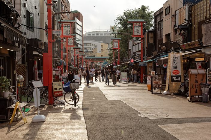 A pedestrian street in Asakusa lined with low shopfronts and red paper lanterns on tall poles, people strolling in the middle of the roadway, a bicycle leaning at the kerb.