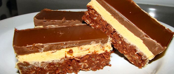 Two Nanaimo bars on a white plate, the three layers — crumb base, pale custard filling, set chocolate top — clearly stacked