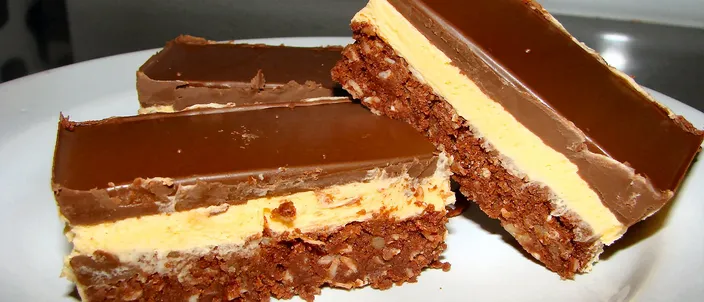 Two Nanaimo bars on a white plate, the three layers — crumb base, pale custard filling, set chocolate top — clearly stacked