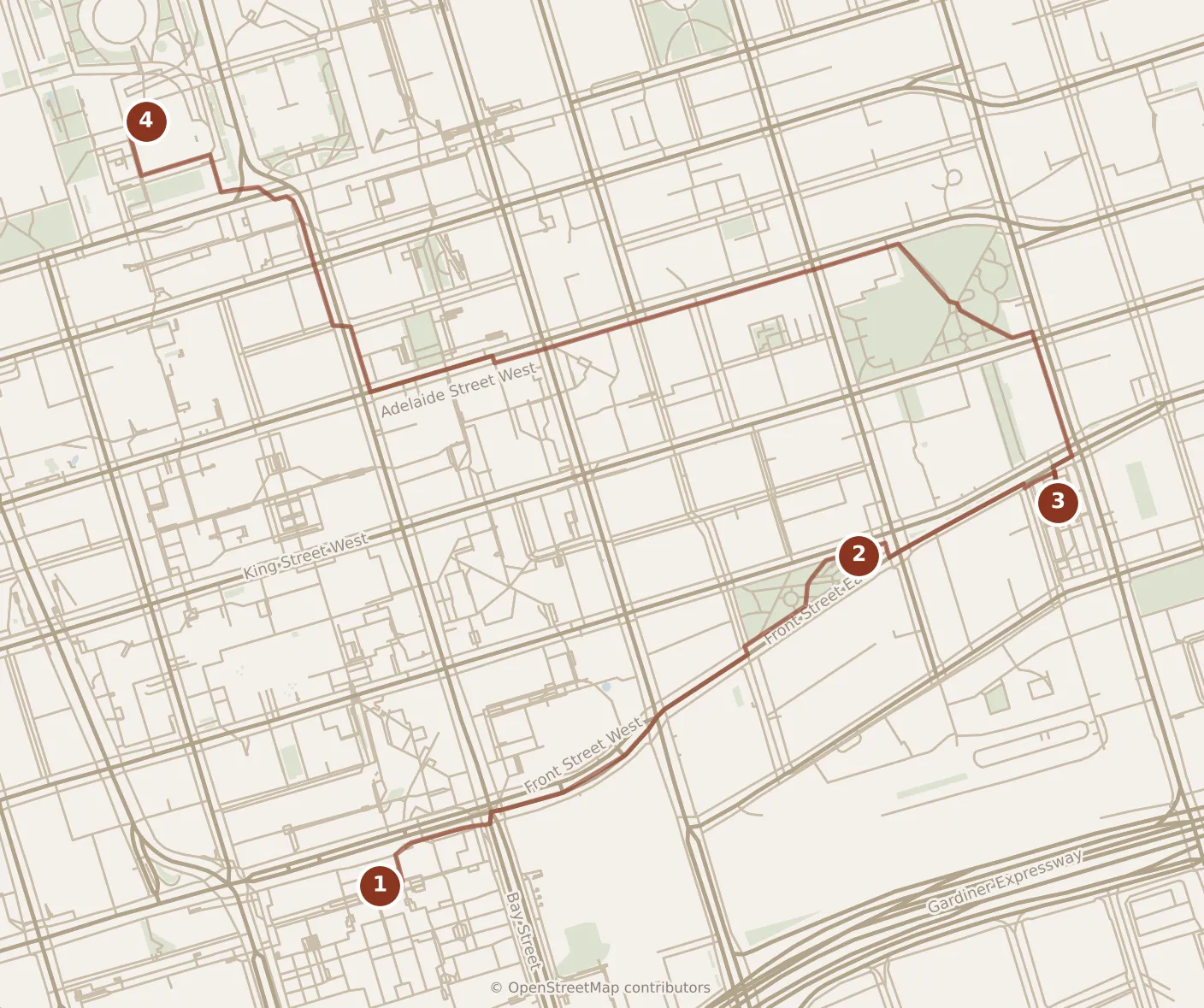 Map of Toronto, morning: stops 1–4, numbered in walking order.