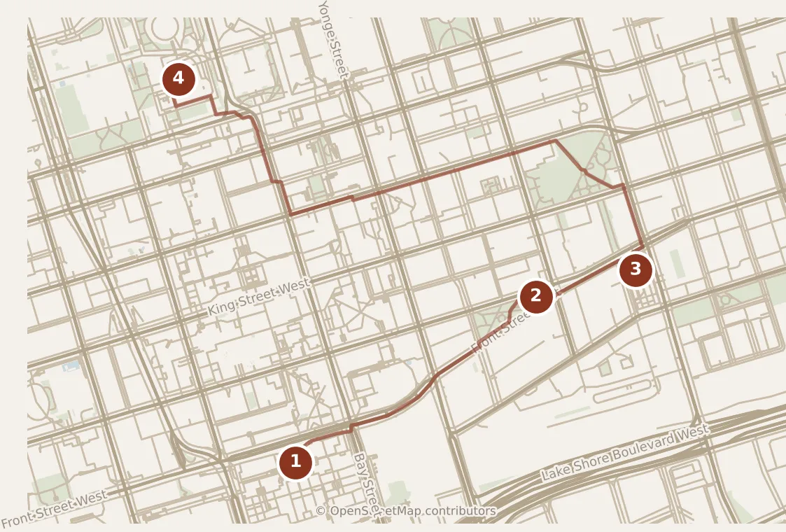 Map of Toronto, morning: stops 1–4, numbered in walking order.
